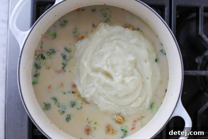 Cauliflower puree being added to the soup.