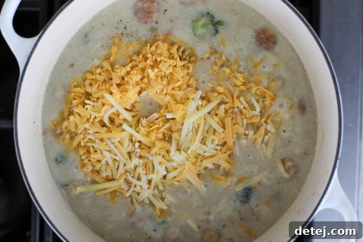 Shredded cheese being added to the soup and melting.