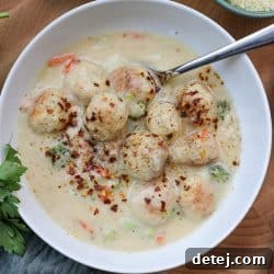 A bowl of healthy broccoli cheddar soup with mini chicken meatballs, ready to eat.