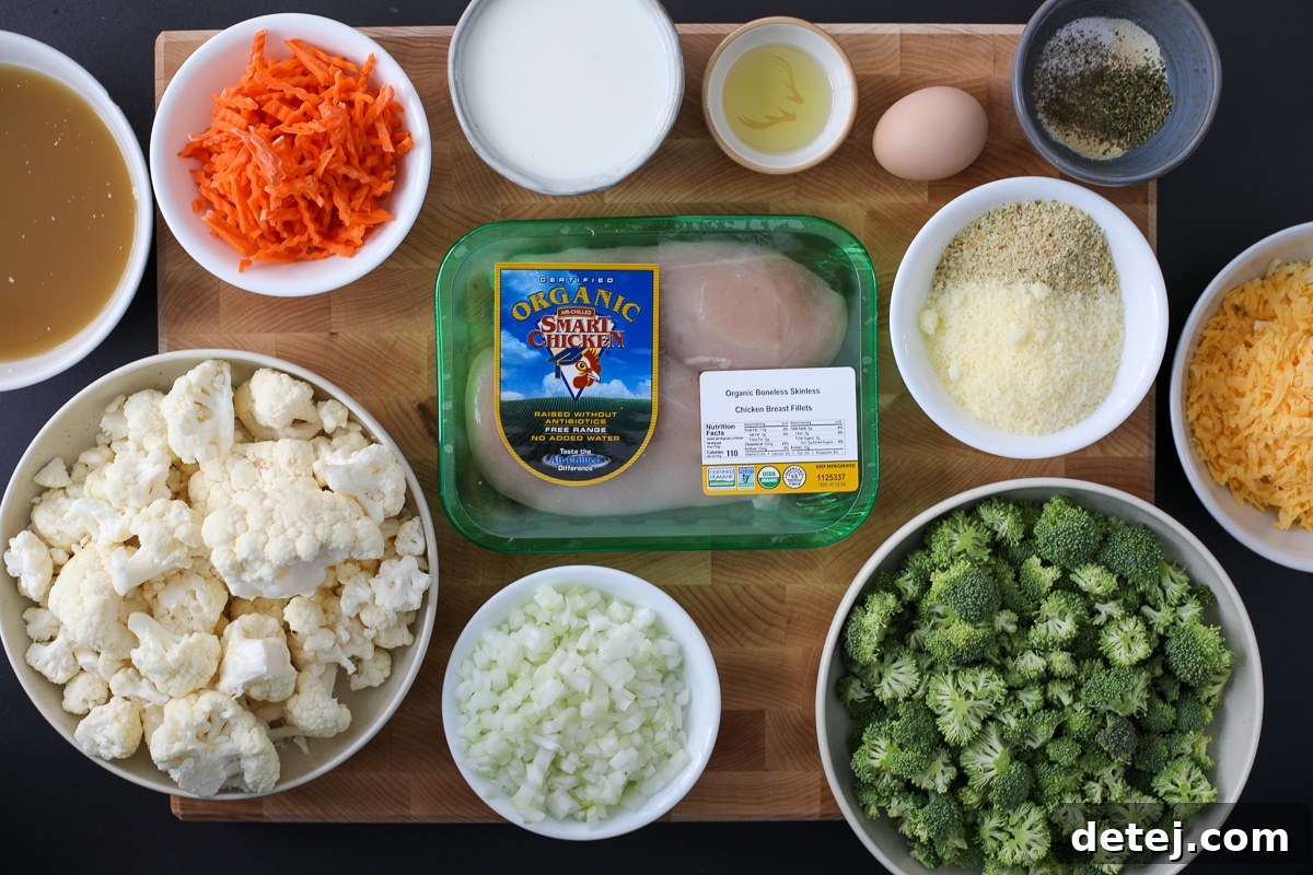 Fresh ingredients laid out on a counter, ready for making healthy broccoli cheddar chicken soup.