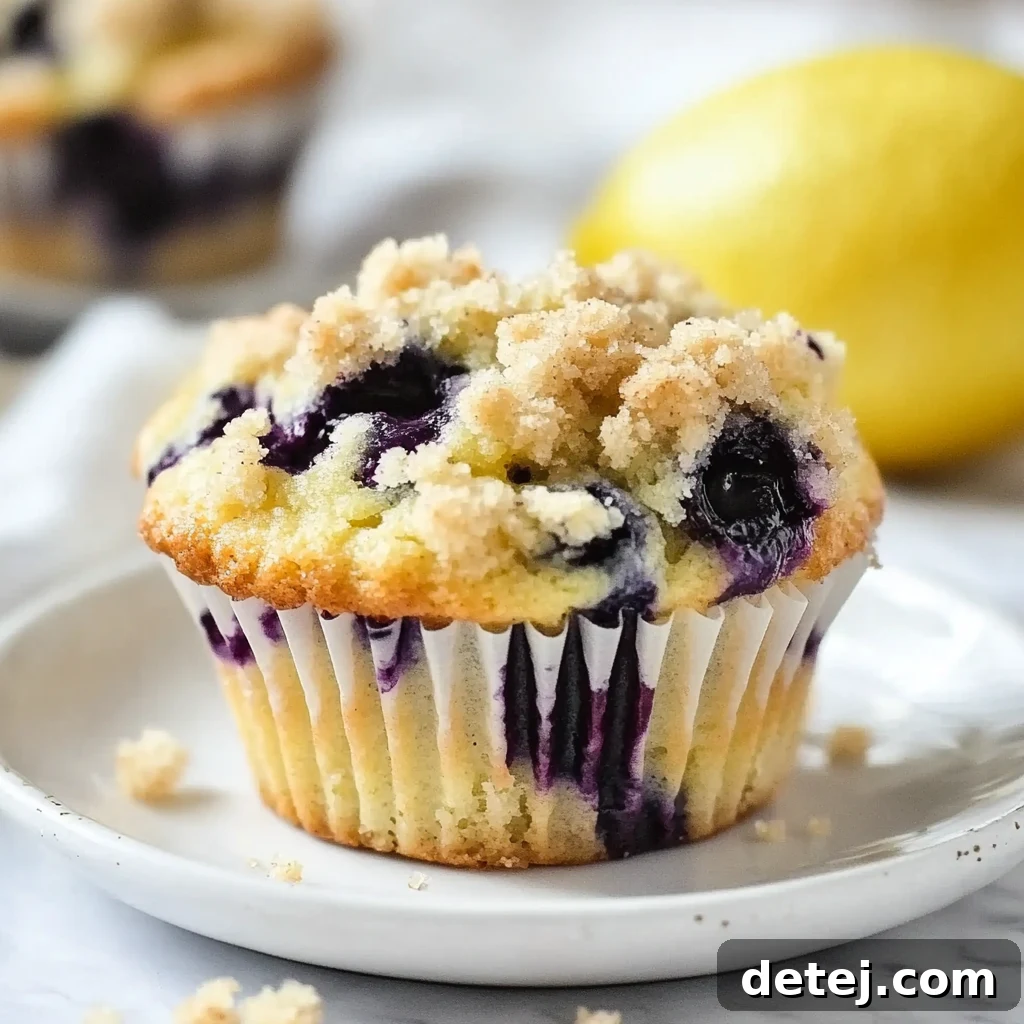 Sunshine Berry Muffins 3 Two beautifully baked lemon blueberry muffins, one split open to reveal its moist, blueberry-filled interior, ready to be enjoyed.