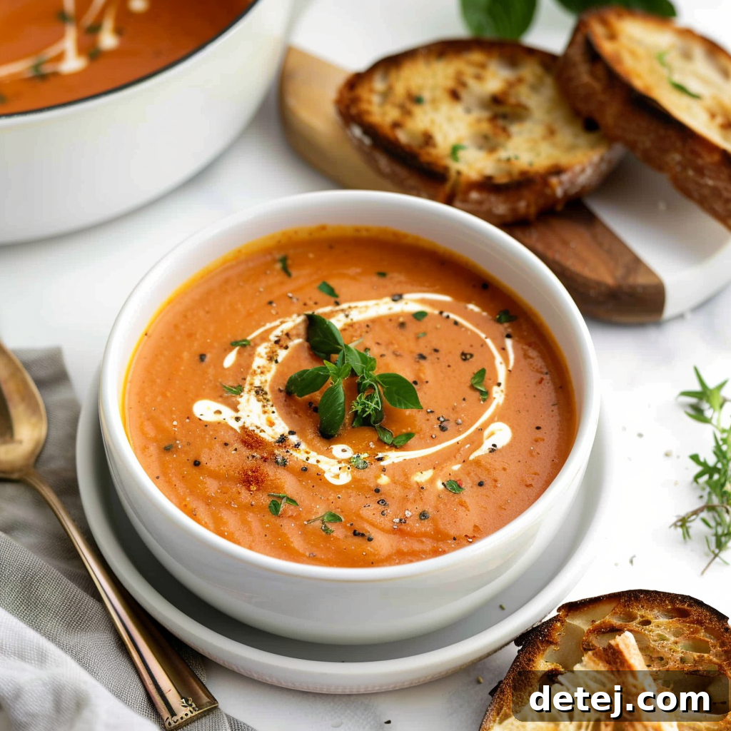 A bowl of creamy tomato soup served with half a grilled cheese sandwich and fresh basil.