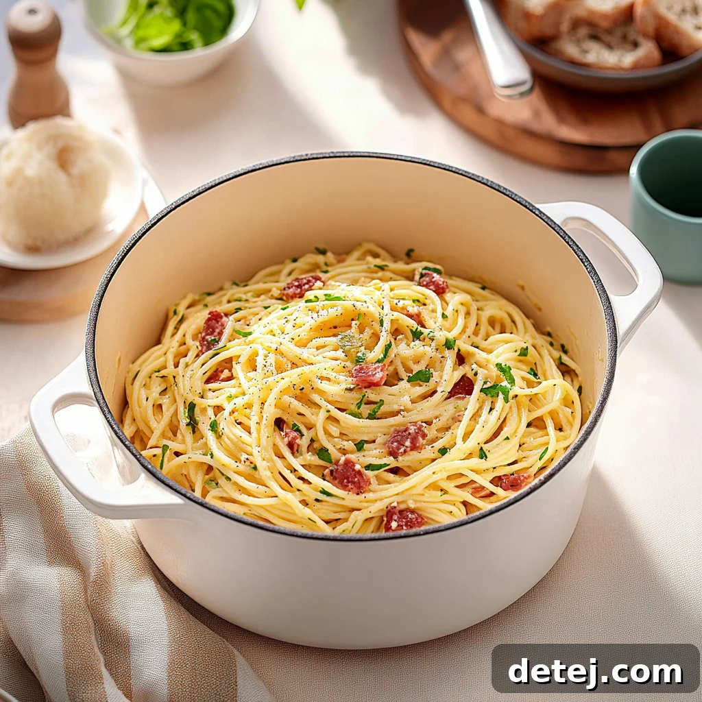 Freshly made Spaghetti Carbonara, garnished with crispy pancetta, grated Parmesan cheese, and fresh parsley.