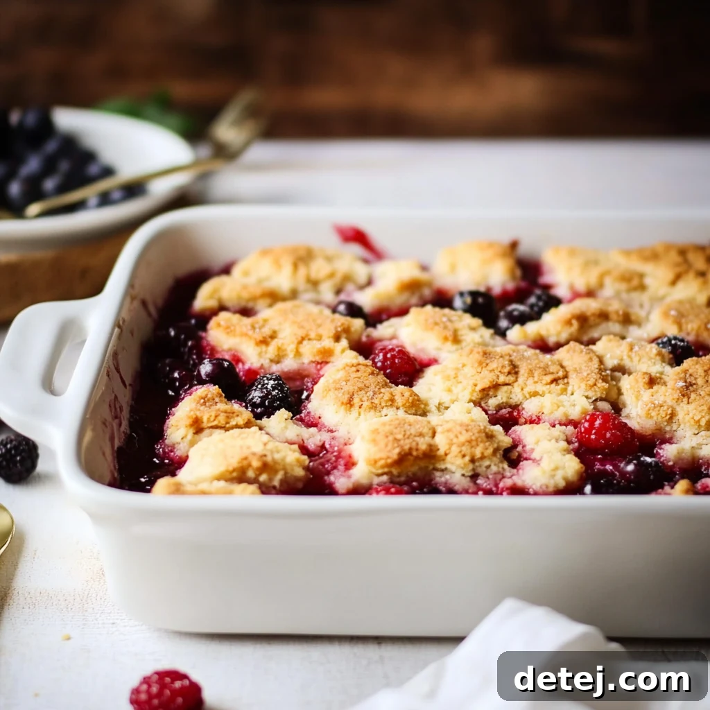 A close-up of a bubbling mixed berry cobbler filling with a perfectly golden-brown, crumbly topping