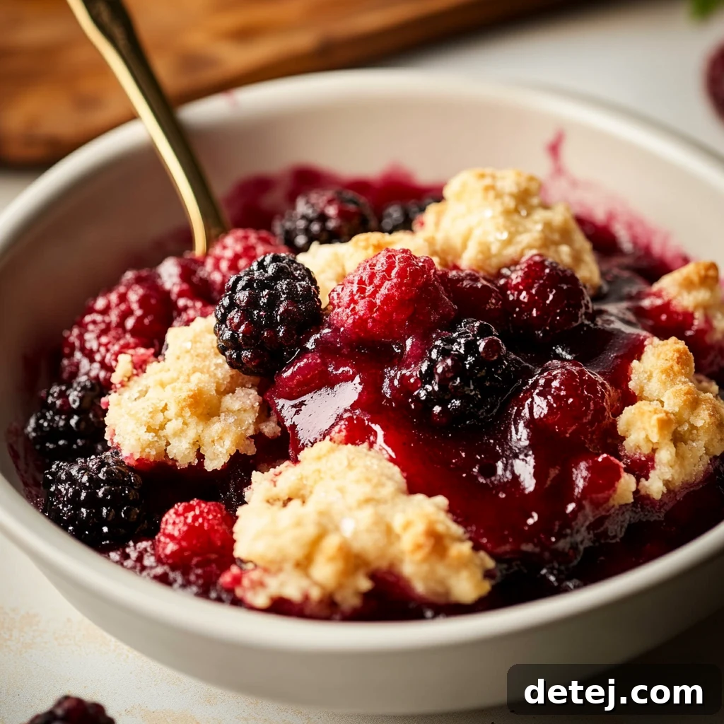 A warm slice of mixed berry cobbler with a scoop of melting vanilla ice cream and a garnish of fresh berries