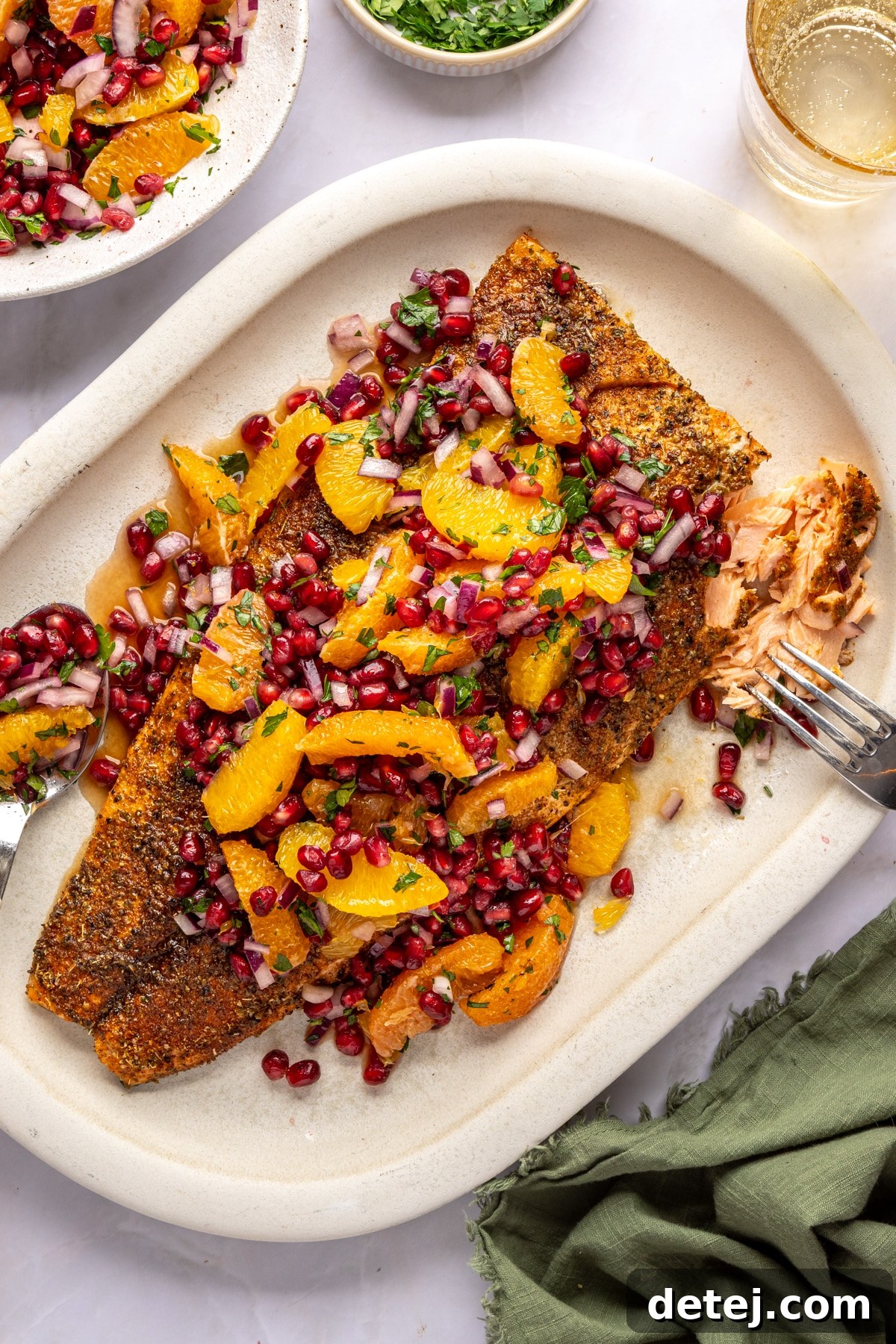 blackened salmon on a serving platter. 