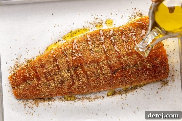drizzle spiced salmon with olive oil. 