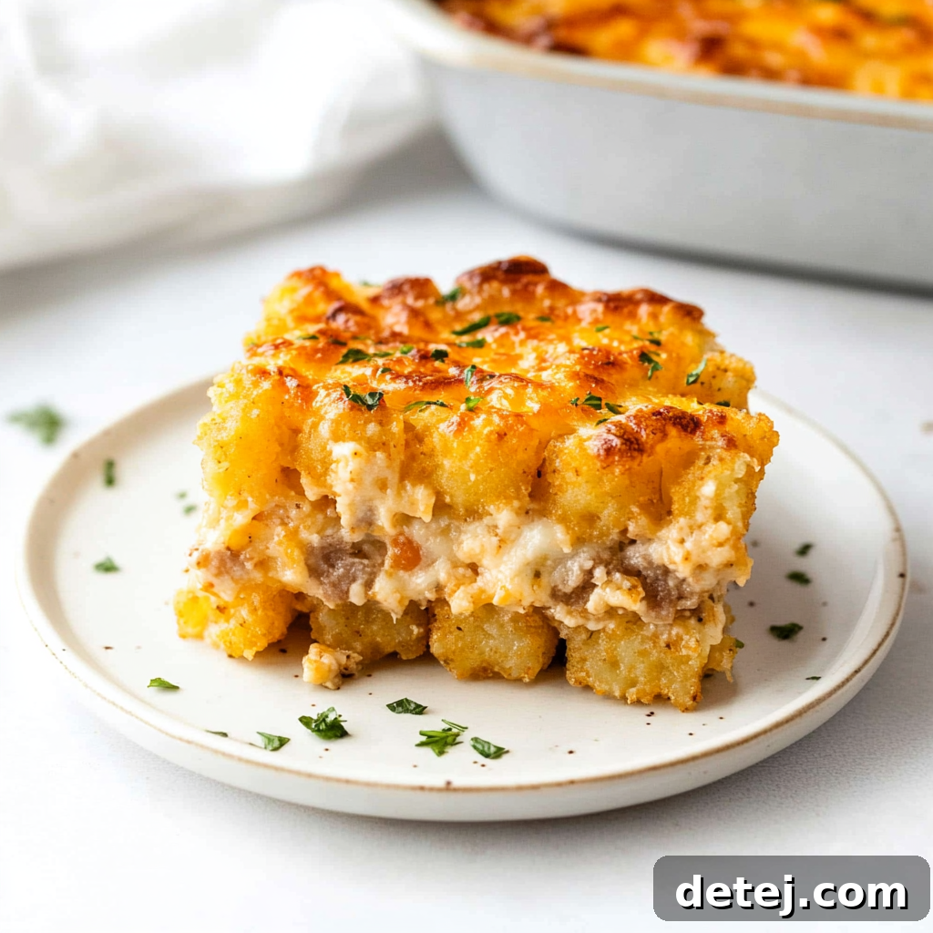 Customized Tater Tot Breakfast Casserole with various toppings and ingredients.