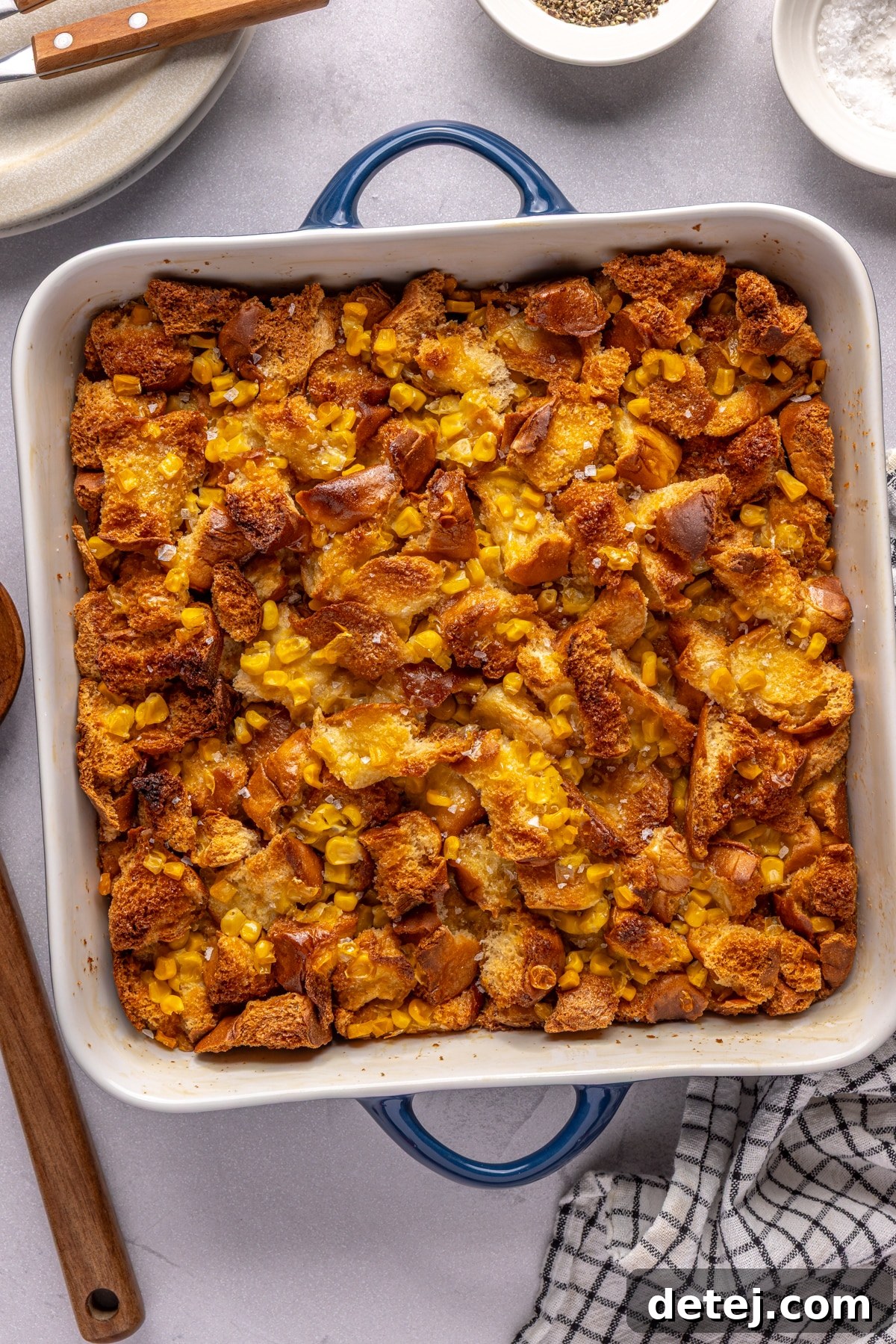 cornbread pudding in a dish. 