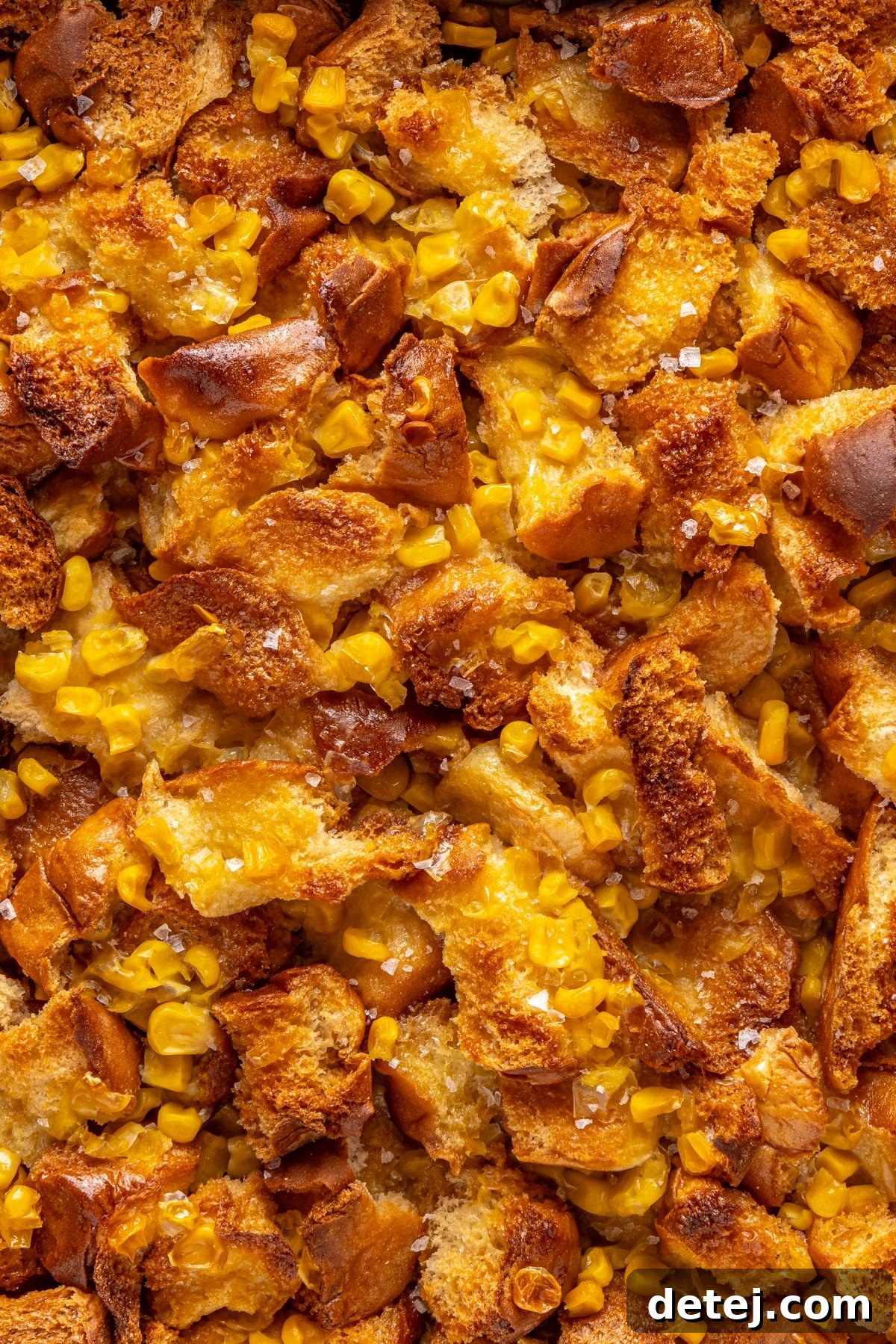 close up image of cornbread pudding. 