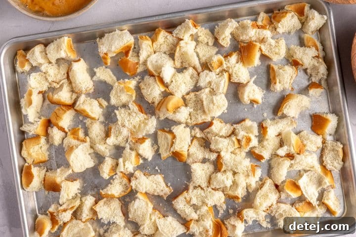 bread cubes on a tray. 