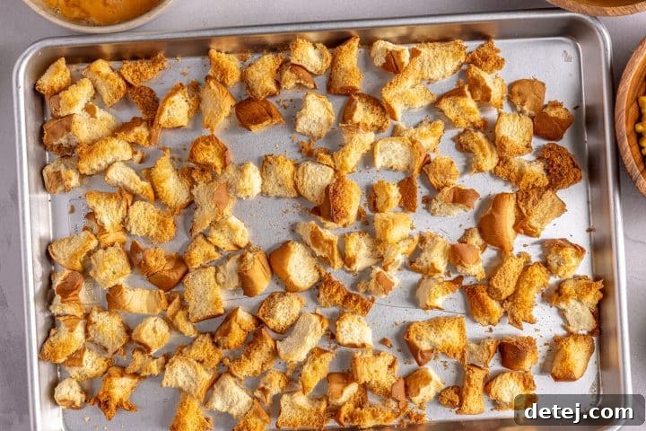 toasted bread cubes on a tray. 