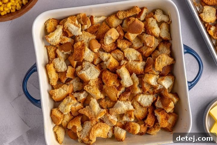 bread cubes in a dish.