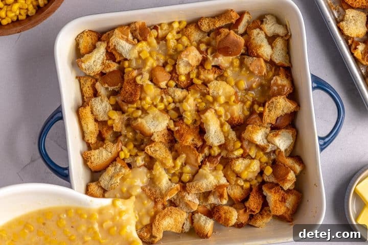 add the corn mixture to the bread cubes. 