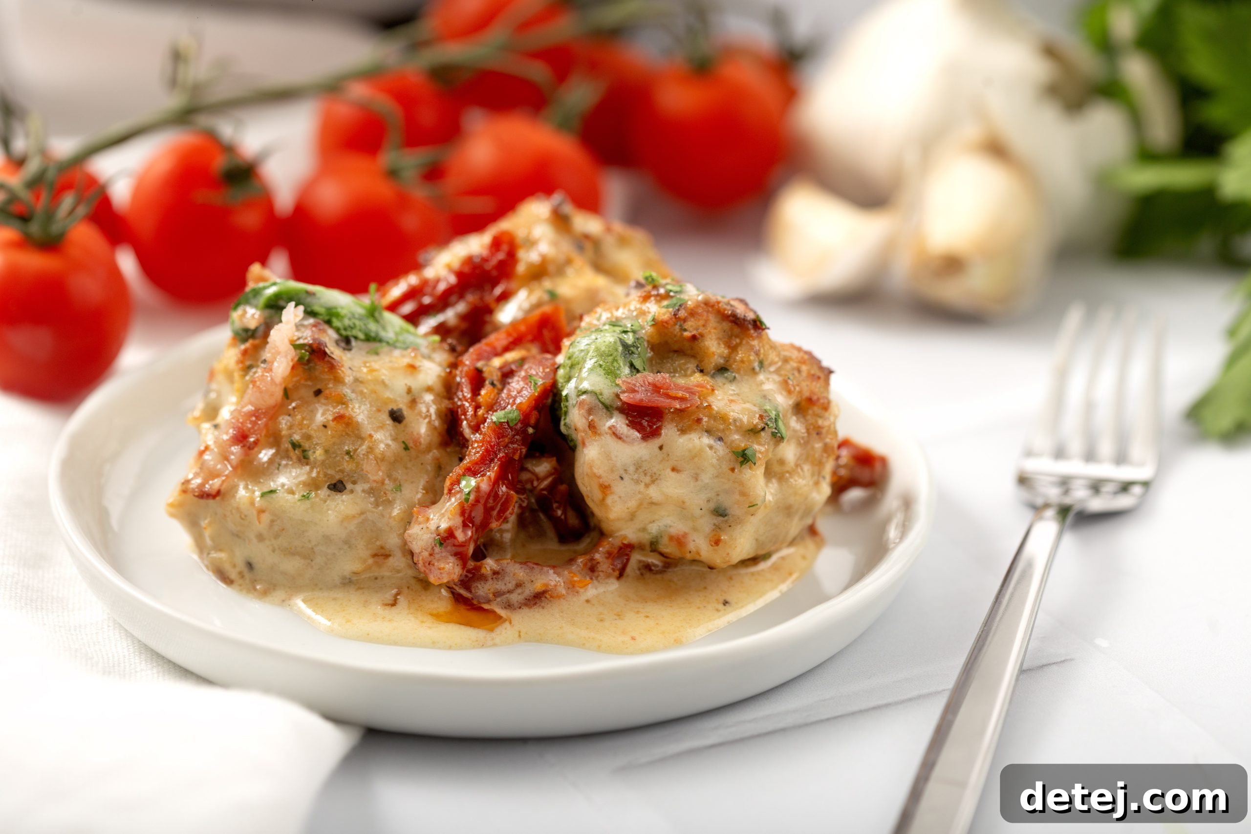Creamy Tuscan chicken meatballs served over a bed of spaghetti, garnished with fresh parsley