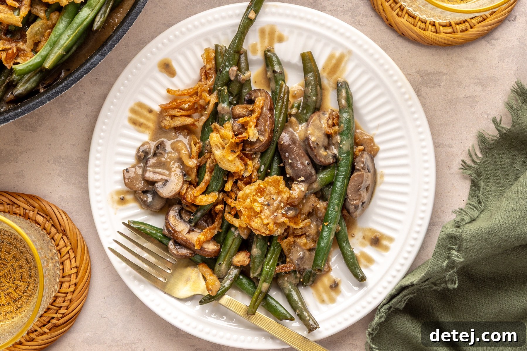 creamy green bean mushroom casserole on a plate.