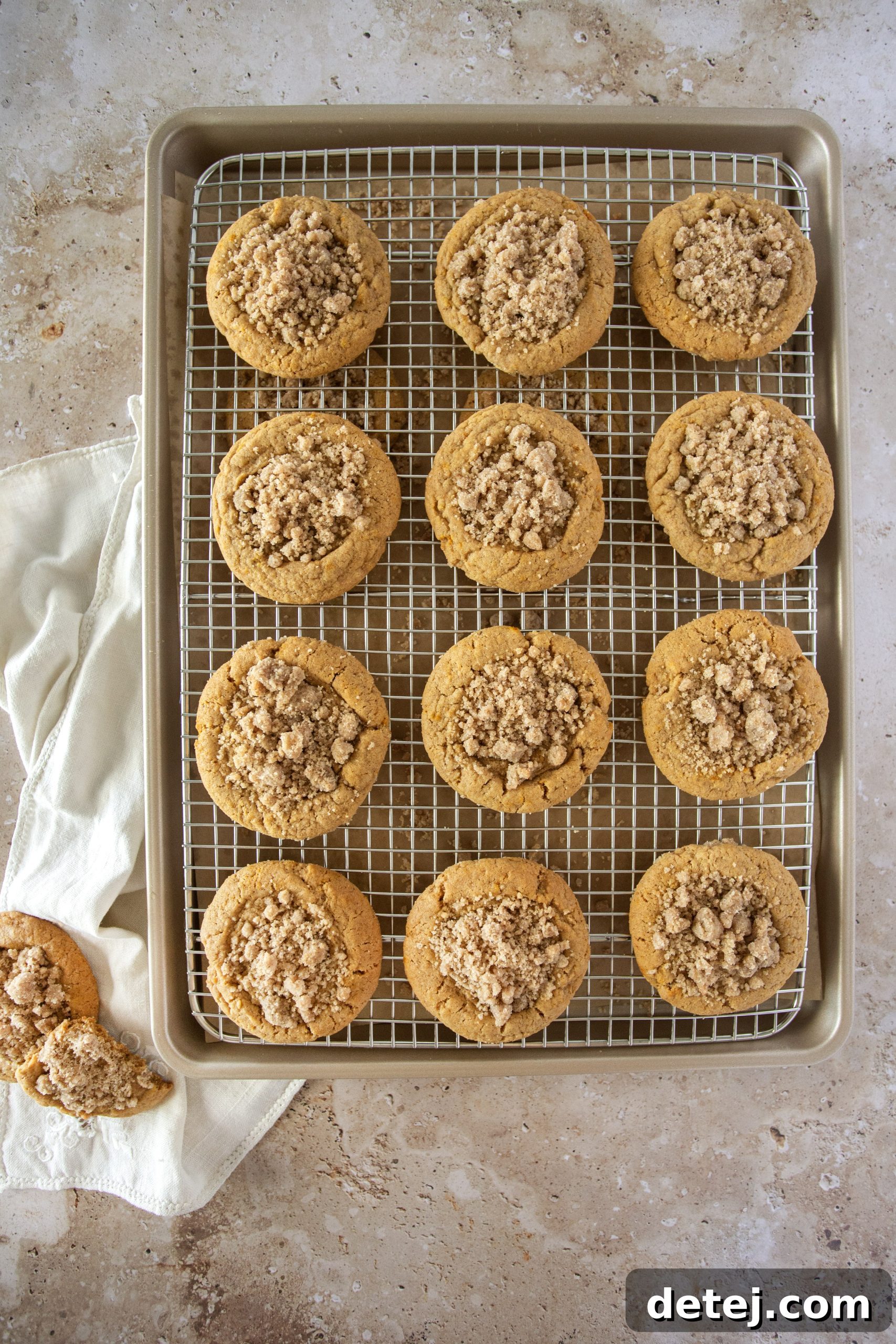 Pumpkin Streusel Crumble Cookies baking on a tray