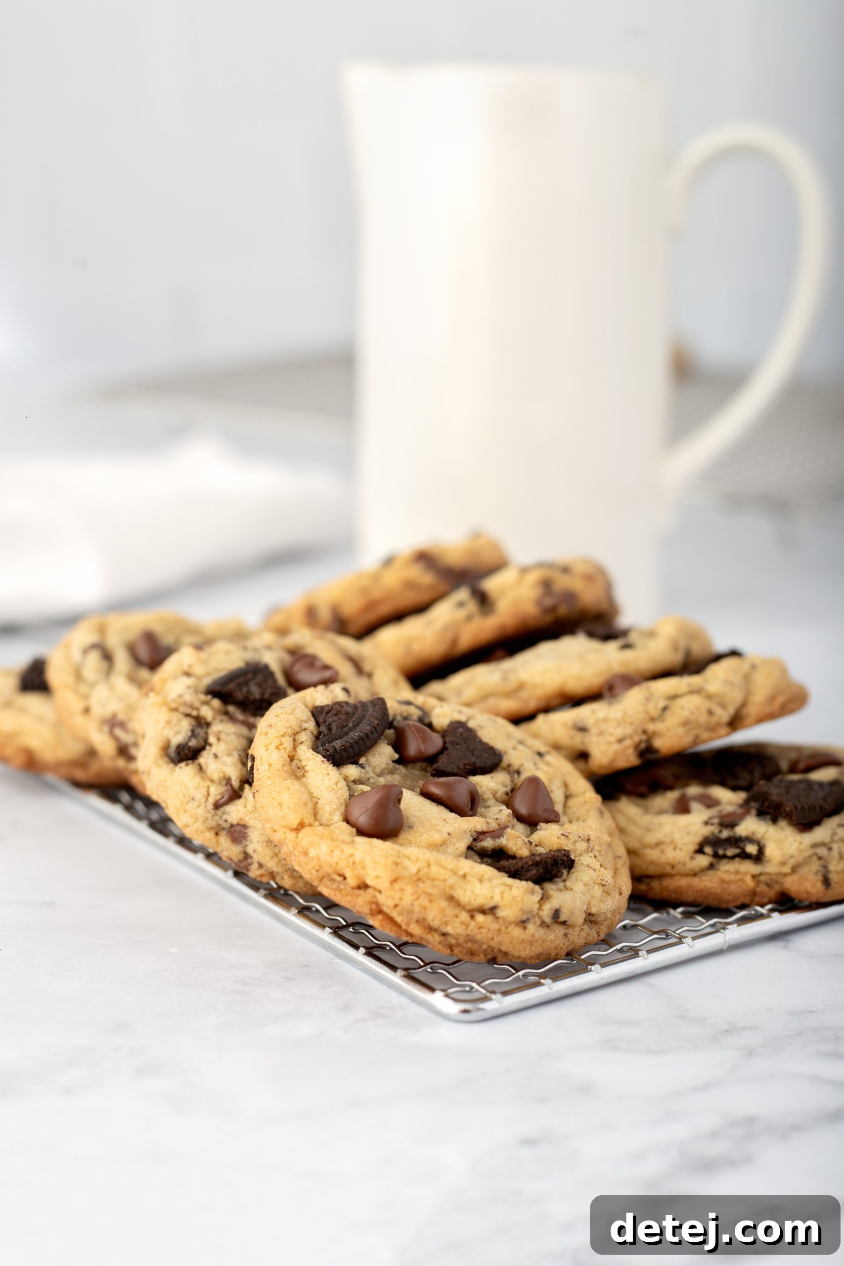 Crushed Oreo pieces, ready to be incorporated into cookie dough, showing various sizes of chunks.