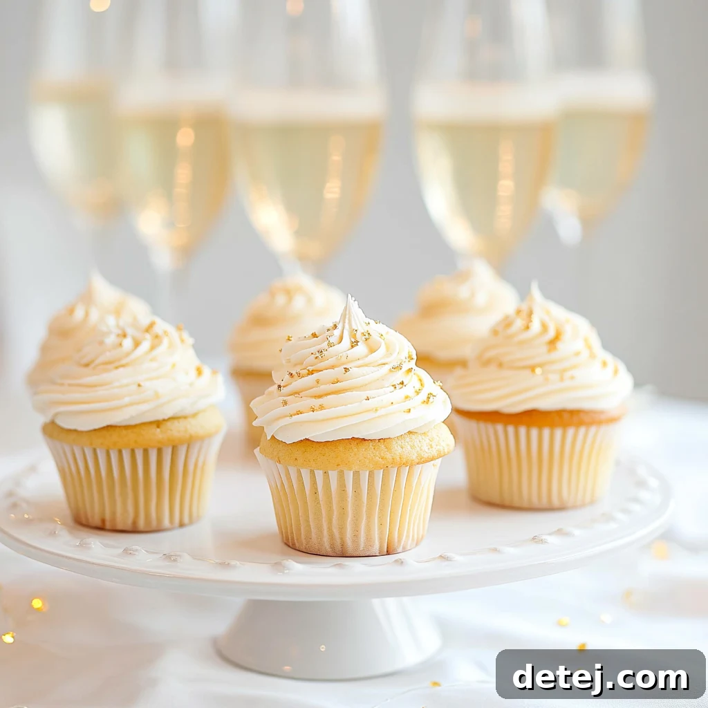 Beautifully decorated champagne cupcakes with sprinkles, ready for a celebration.