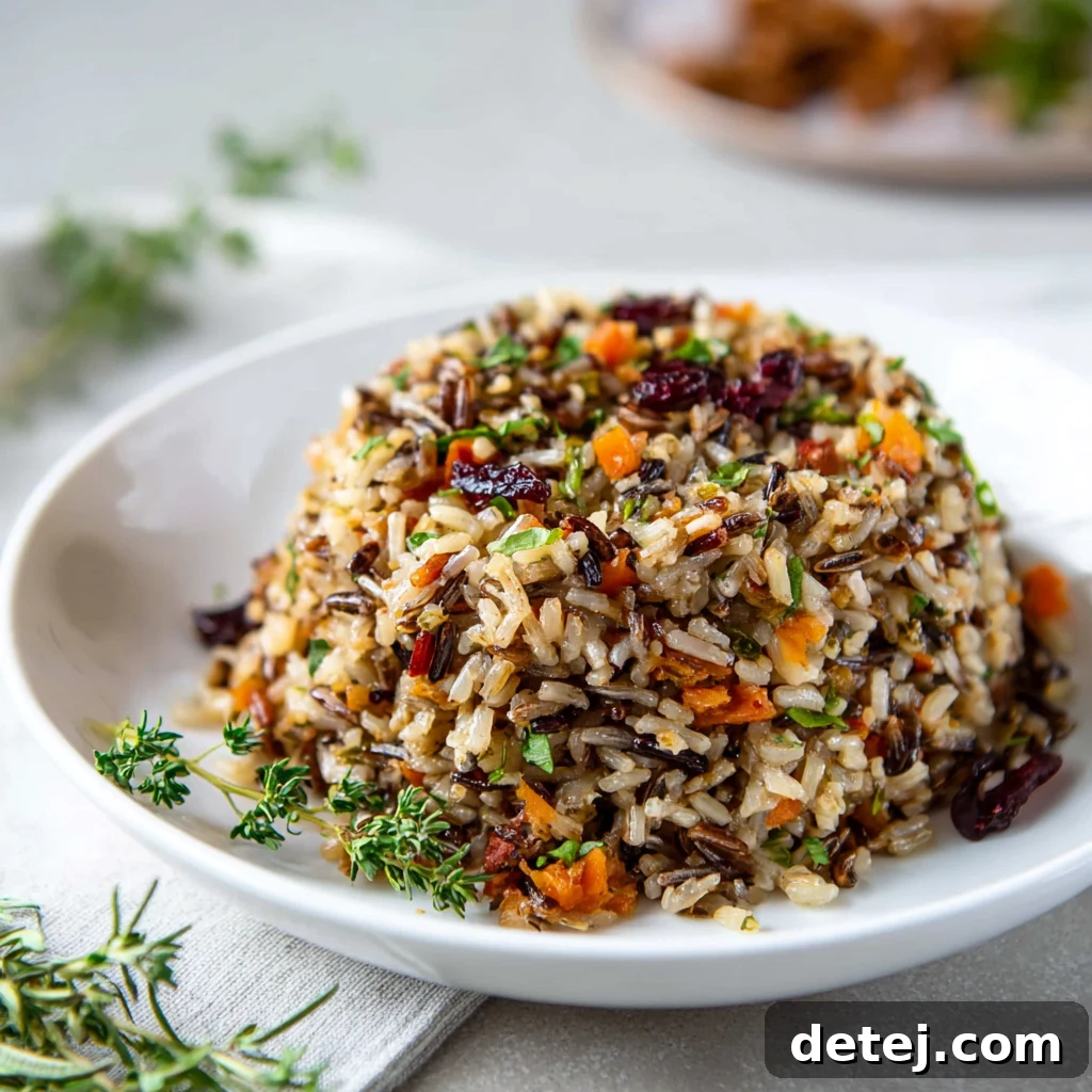Garnished Easy Wild Rice Pilaf, ready to be served as a festive side dish.