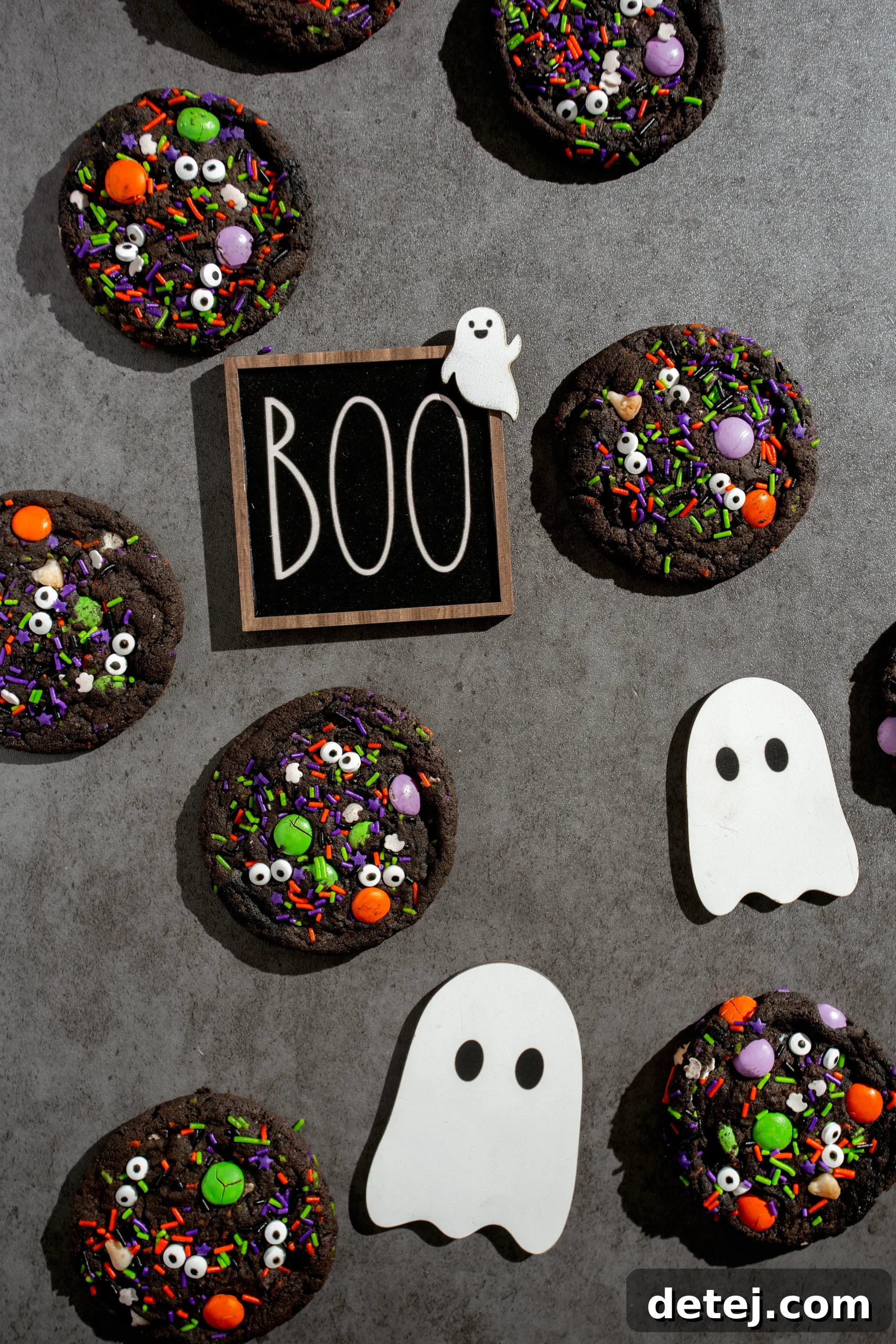 Frightfully Delicious Halloween Monster Cookies 2 Deliciously spooky Halloween Chocolate Monster Cookies with candy eyeballs and M&Ms