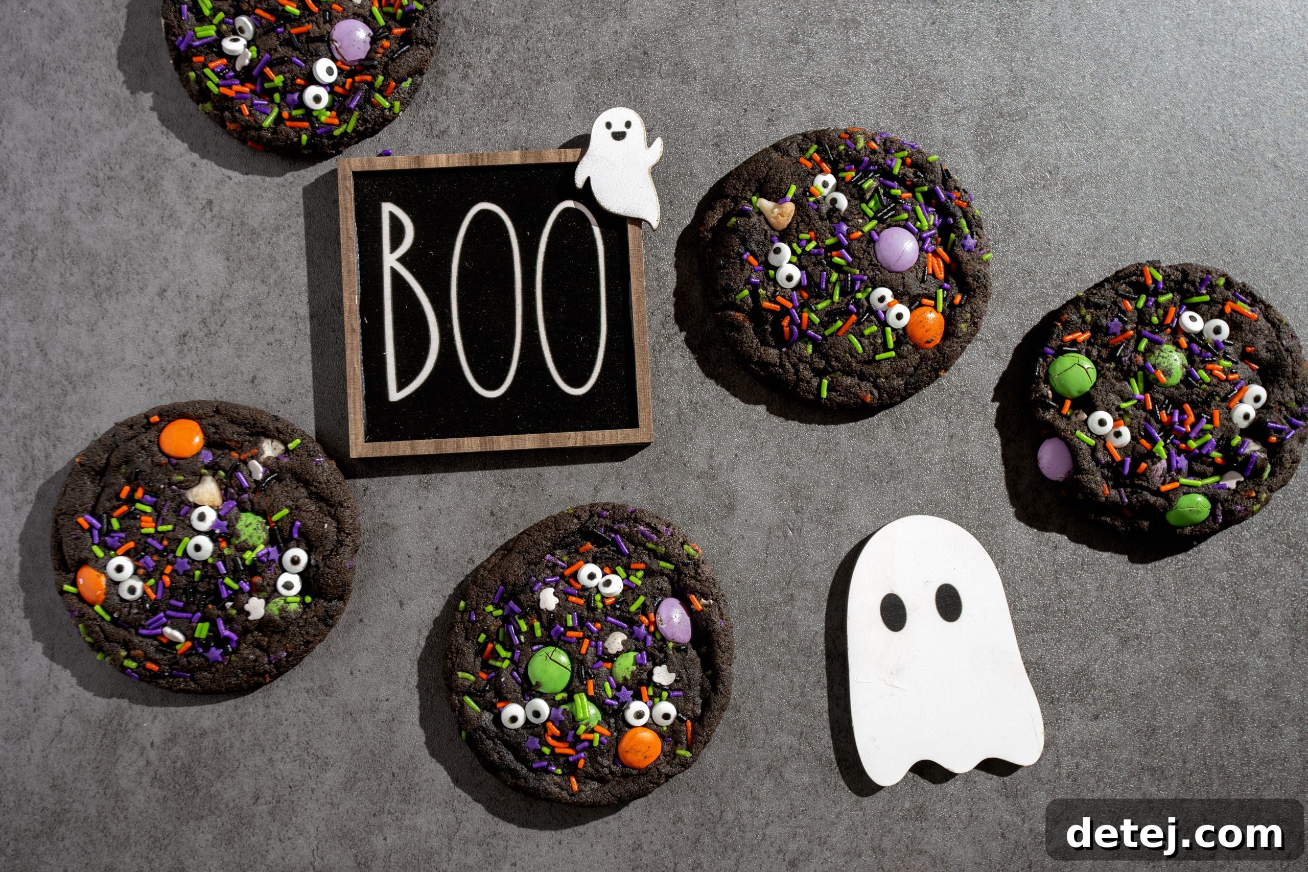Frightfully Delicious Halloween Monster Cookies 4 Stack of Halloween Chocolate Monster Cookies with candy eyeballs in a glass container for storage