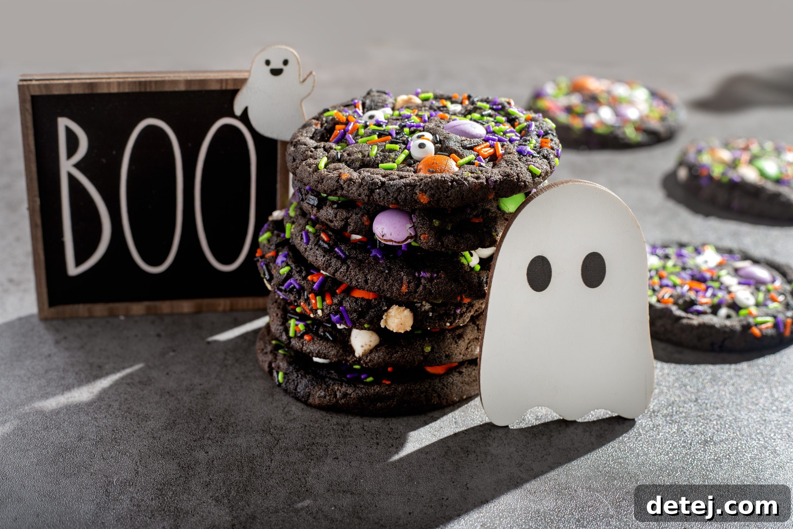 Frightfully Delicious Halloween Monster Cookies 5 Close-up of a single Halloween Chocolate Monster Cookie with multiple candy eyeballs, showcasing its chewy texture and M&Ms