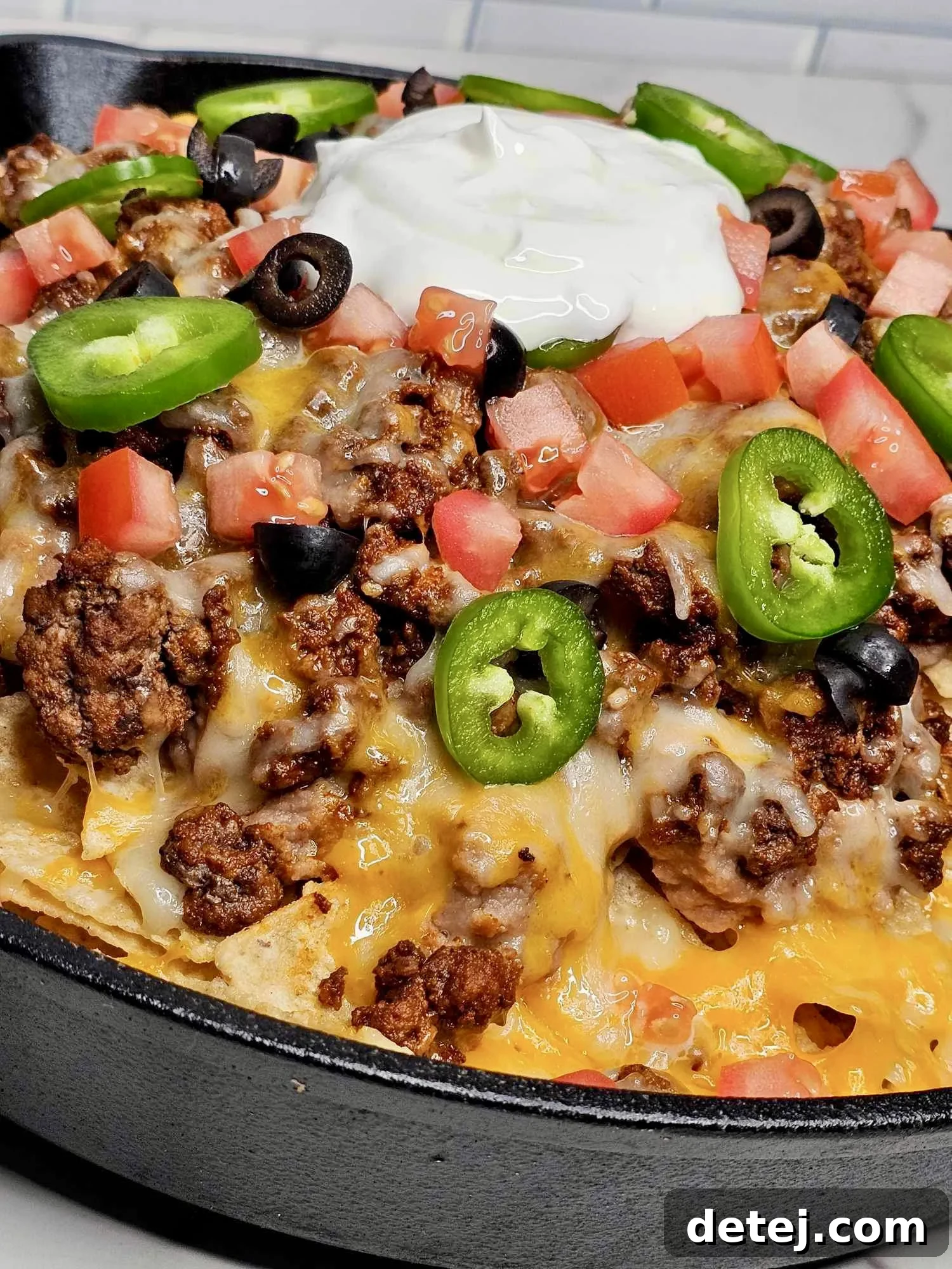 Beefy Super Nacho Skillet with fresh toppings