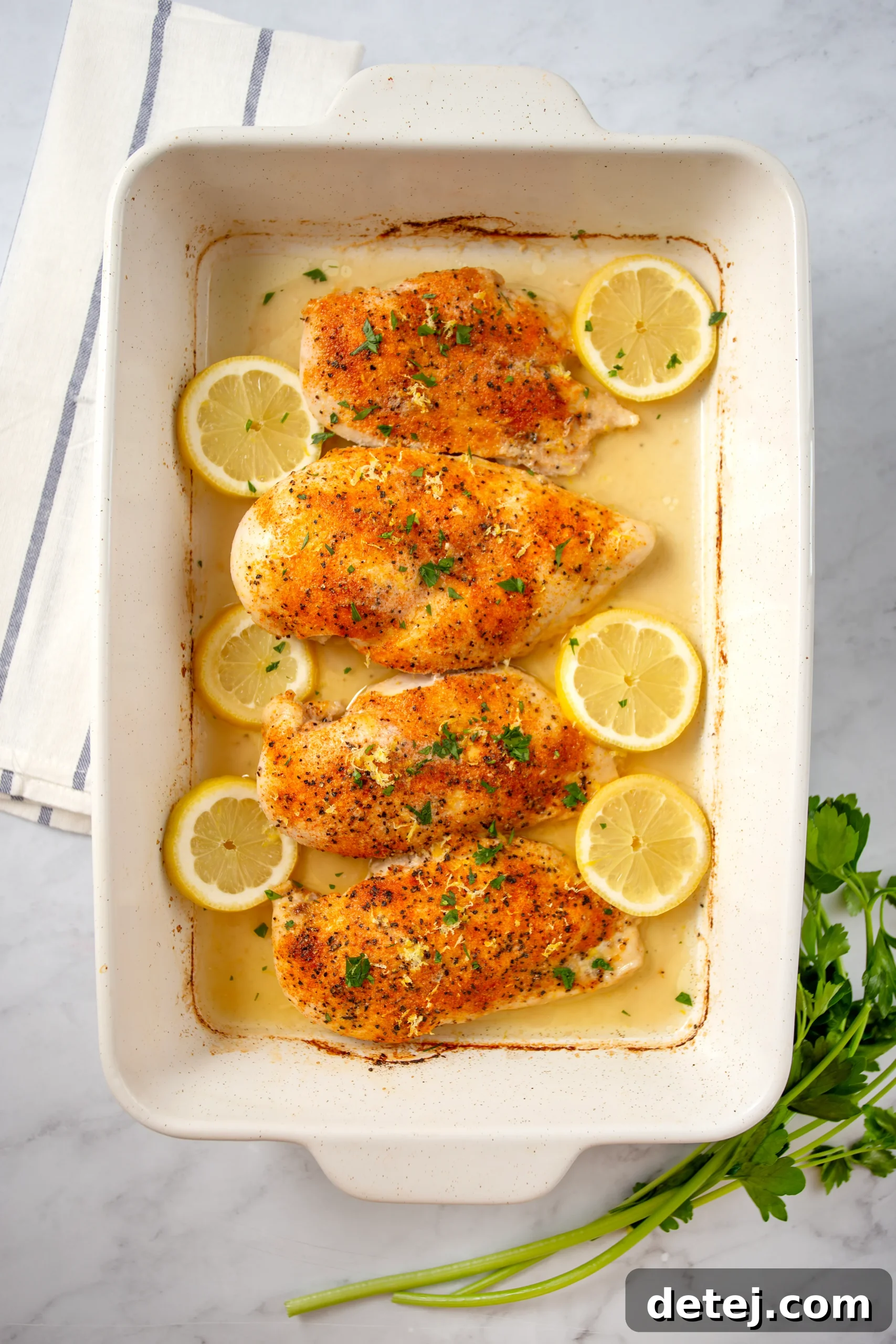 Zesty baked lemon pepper chicken breast on a baking dish, garnished with fresh lemon slices and herbs.