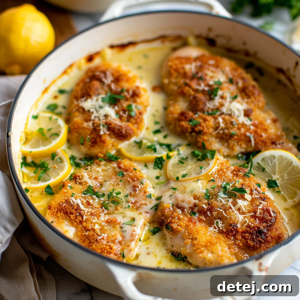 Parmesan Crusted Chicken with Lemon Butter Sauce, cooked to golden perfection and drizzled with sauce