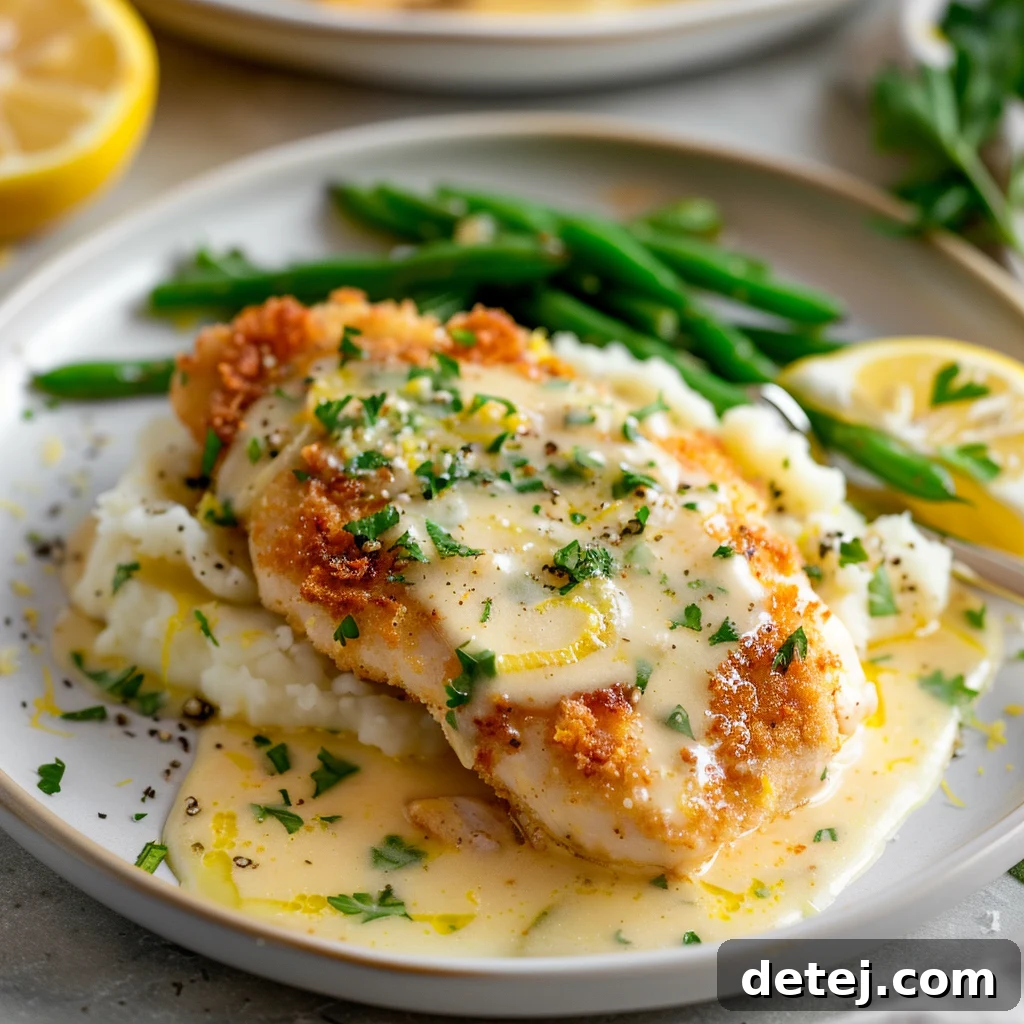 Close-up of crispy Parmesan Crusted Chicken with lemon slices and herbs
