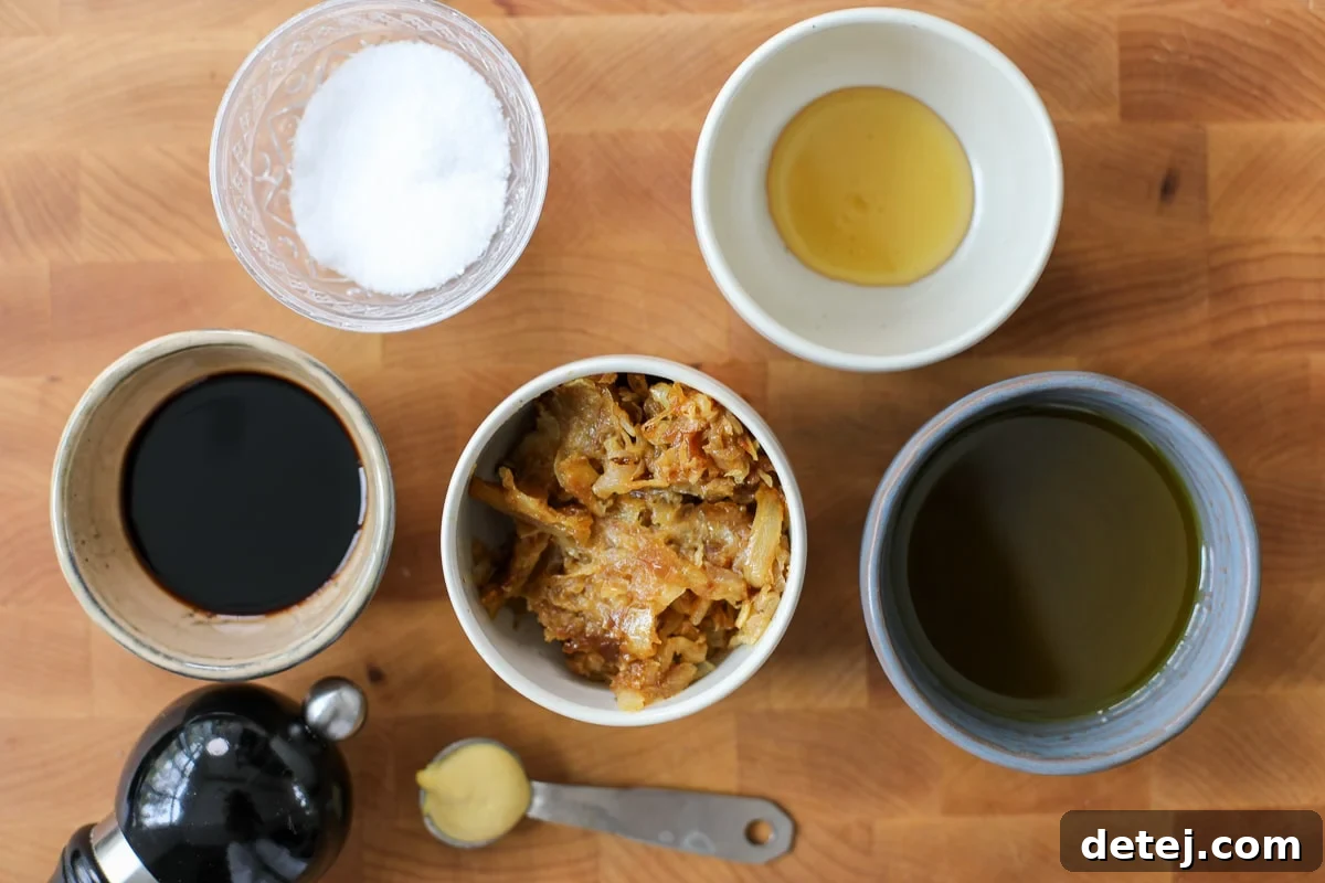 Fresh ingredients laid out for making the caramelized onion balsamic vinaigrette.