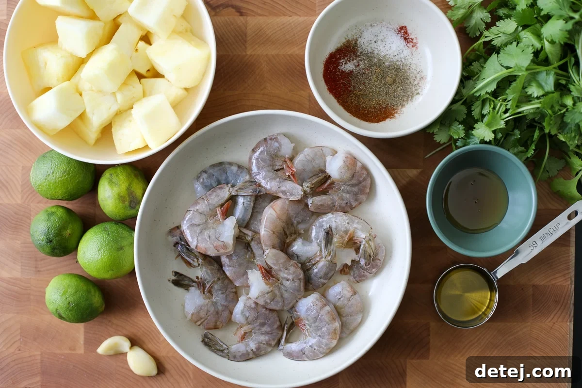 ingredients needed for shrimp pineapple skewers.