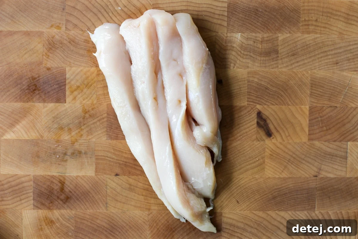 chicken breast cut into strips.