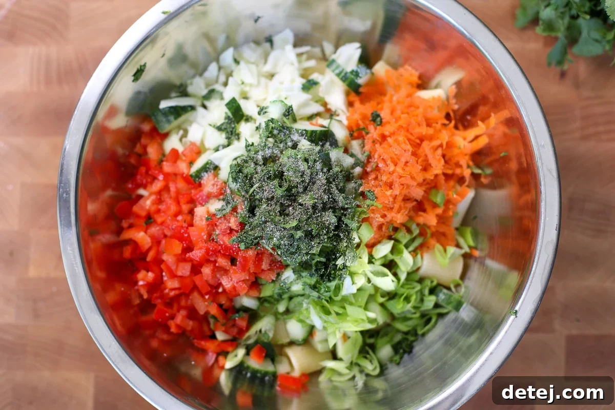 Crispy Chicken Cutlet Pasta Salad with Creamy Lemon Dressing 4 vegetables in a bowl.