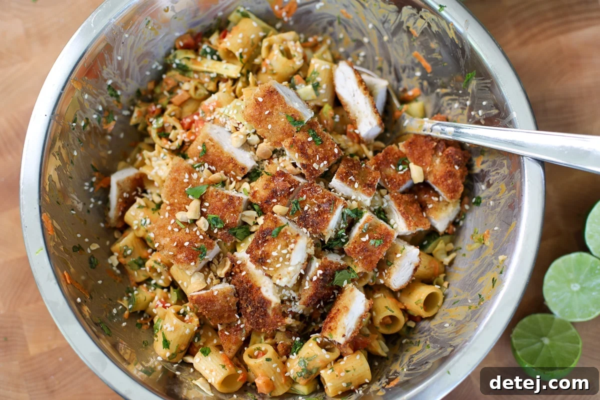 Crispy Chicken Cutlet Pasta Salad with Creamy Lemon Dressing 7 chicken chicken cutlet in a spicy peanut pasta salad.