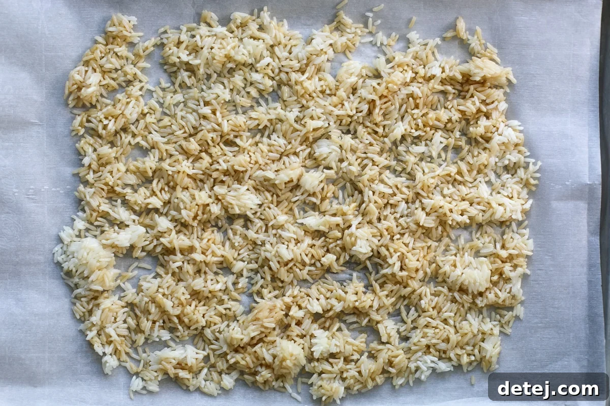 seasoned rice on a baking tray.