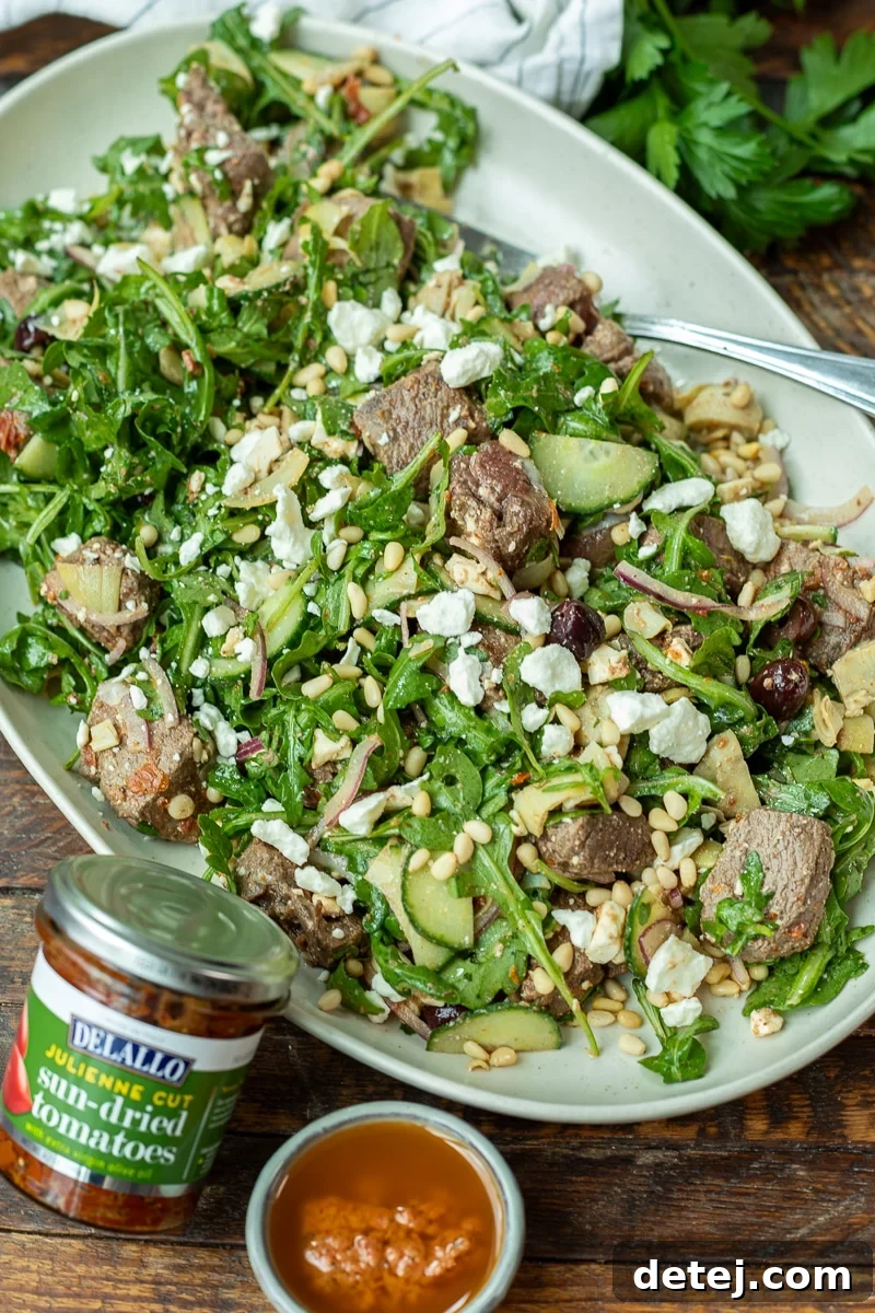 Mediterranean Steak Salad with Sun-Dried Tomato Vinaigrette 2 Mediterranean Steak Bite Salad with Sun-Dried Tomato Vinaigrette – Healthyish Foods